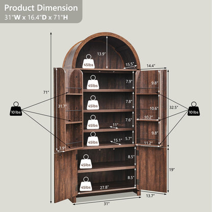 IFGET 71" Tall Arched Kitchen Pantry, Modern Fluted Wood Storage Cabinet with Doors, 3 Adjustable Shelves, 6 Door Shelves, Organizer, Versatile Cupboard for Kitchen, Bathroom, Brown