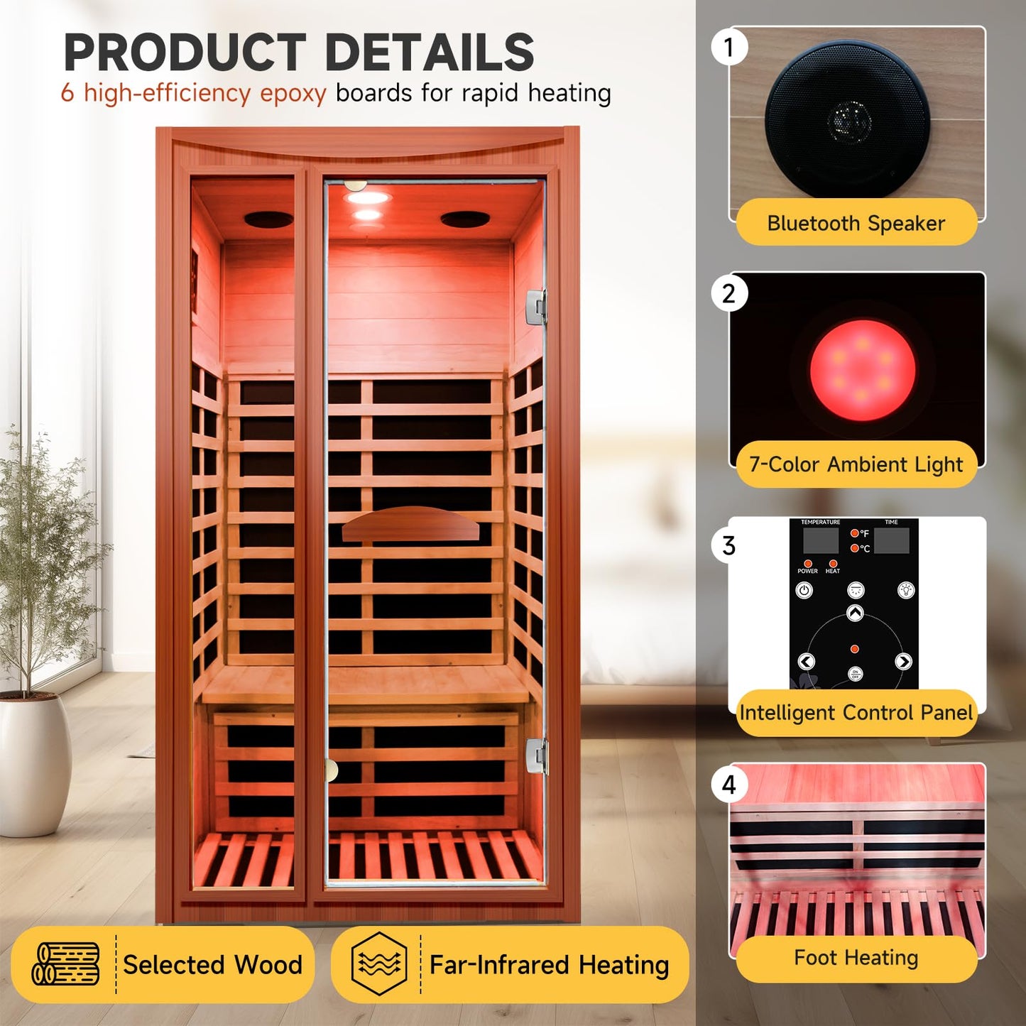OUTEXER Far Infrared Sauna Home Sauna Spa Room for 1-2 Person Low-EMF Canadian Hemlock Wood 1550W Indoor Saunas with 7 Color Light 39.3 * 35.4 * 74.8Inch