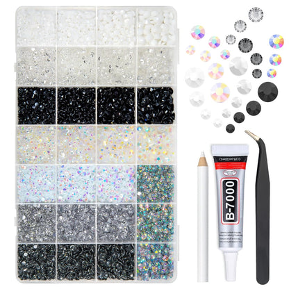 qiipii 28 Types Black White Silver Clear Jelly Resin Rhinestones w B7000 Glue for Bedazzling Crafting 3-6mm Flatback Stones Gems Diamonds Crystals for Face Makeup Crafts Tumblers Bottles Clothes Shoes