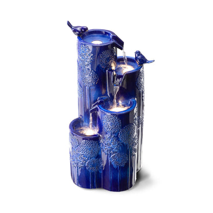 Glitzhome 32" H Outdoor Water Fountain with LED Lights and Pump, 4 Tier Ceramic Cobalt Blue Dandelion Texture Outdoor Fountains and Waterfalls with Cute Birds, for Porch Deck Garden Patio Backyard