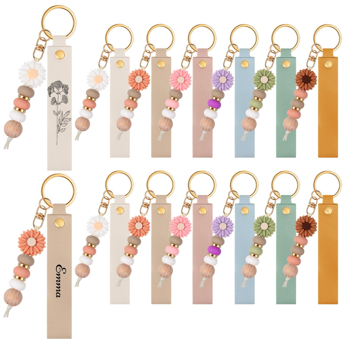 Wavyknot 12 Set Daisy and PU Leather Beadable Keychain Bars Bulk Laser Engraving Blanks Keychain Kit for DIY Crafts Jewelry (Pastel, Rectangle)