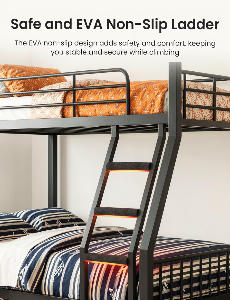 Mixcous Twin XL Over Queen Bunk Bed for Adults, Heavy Duty Metal Bunk Beds with Safety Guardrails & EVA Padded Ladder, Twin XL Over Queen Bunk Beds Frame with Noise-Free Slats, Space-Saving(Black)