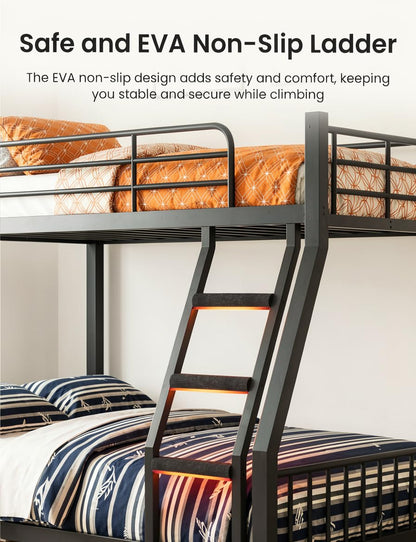 Mixcous Twin XL Over Queen Bunk Bed for Adults, Heavy Duty Metal Bunk Beds with Safety Guardrails & EVA Padded Ladder, Twin XL Over Queen Bunk Beds Frame with Noise-Free Slats, Space-Saving(Black)