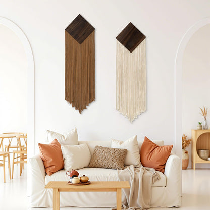 KHOYIME Macrame Wall Hanging Boho Chic Home Decor, 2PCS Bohemian Brown Beige Vertical Tassel Yarn Tapestry Modern Farmhouse Wall Art Decorations for Living Room Bedroom Nursery Office 11''W x 36''L