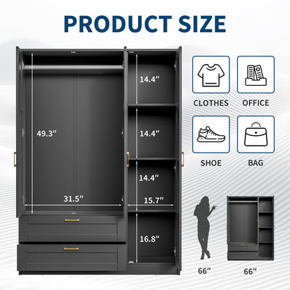 66" 3 Doors Wooden Wardrobe Closet Armoire with 2 Drawers & 3 Shelves, Wooden Wardrobe Closet with Hanging Rod, Bedroom Large Capacity Freestanding Armoire for Bedroom,Cloak Room,Entrance Hall, Black