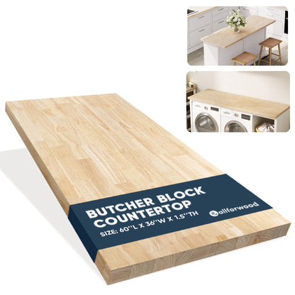 AllForWood 60''L x 36''W x 1.5''Th Hevea Solid Wood Butcher Block Countertop, Butcher Block Table Top for DIY Washer Dryer/Island/Kitchen Countertop (Unfinished)