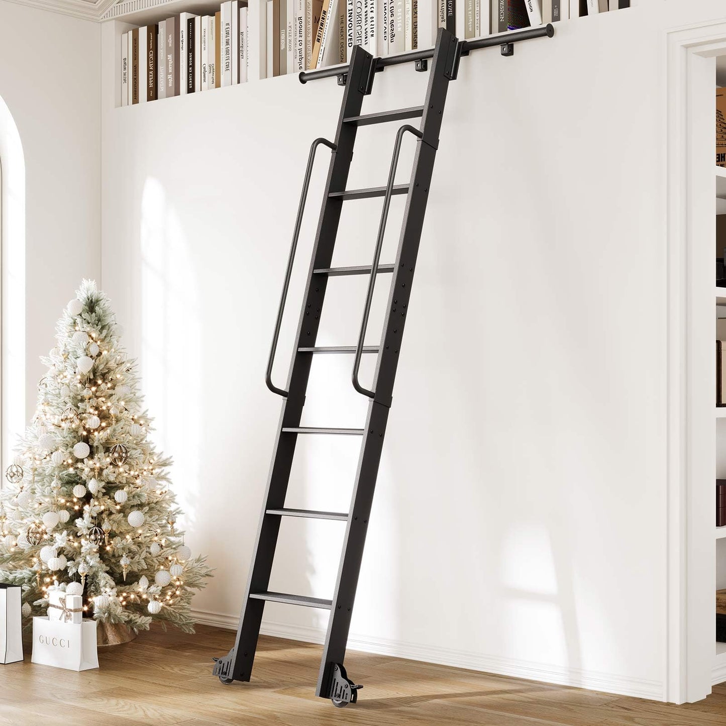CEAKIAN 8FT Aluminum Rolling Library Ladder with 4FT Sliding Hardware Kit,Telescopic Hook Track with Brake Wheel,7 Steps with Handrail,450lbs Capacity,Black,Easy Assembly,for Loft Bookcase Attic Home