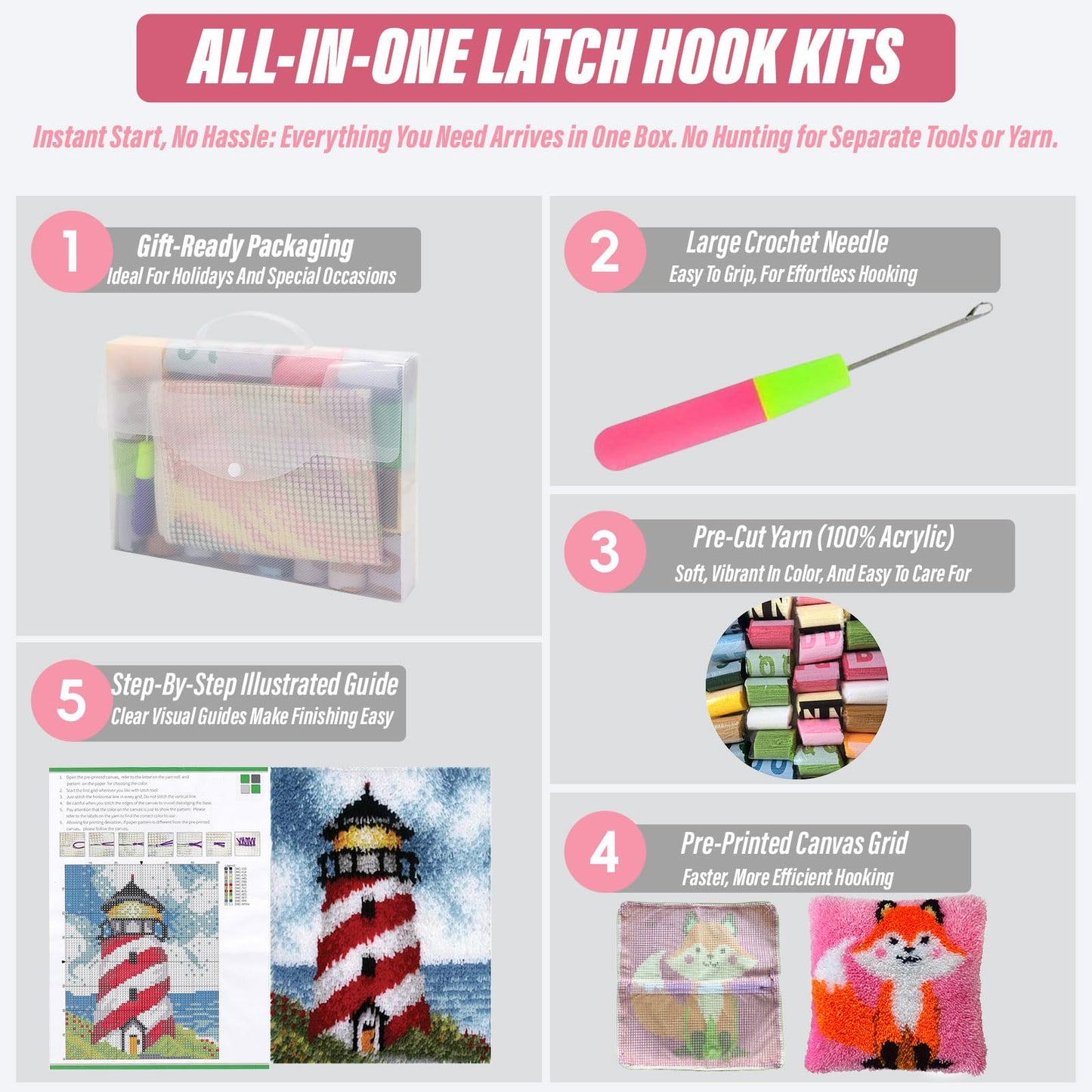 Raixleb Latch Hook Kits for Adults/Kids Pattern Printed Rug Making Kit Everything Included Gift for Family Friends Latch Hook Rugs DIY Needlework Crafts for Home Sofa Bear/Rabbit 20 X 20 Inches