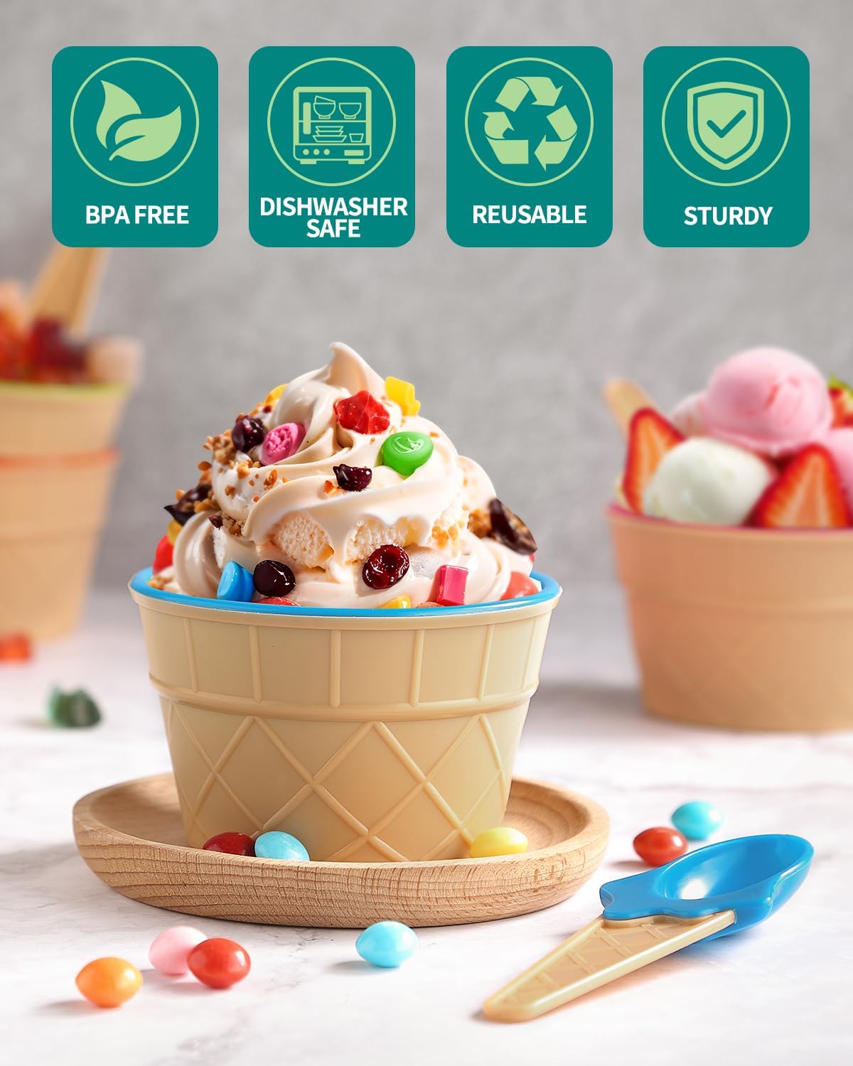 24 Pack Set, Frozen (24) Tellshun Ice Cream Bowls and Spoons Yogurt Cups with Spoons Durable Plastic Candy Color Cute
