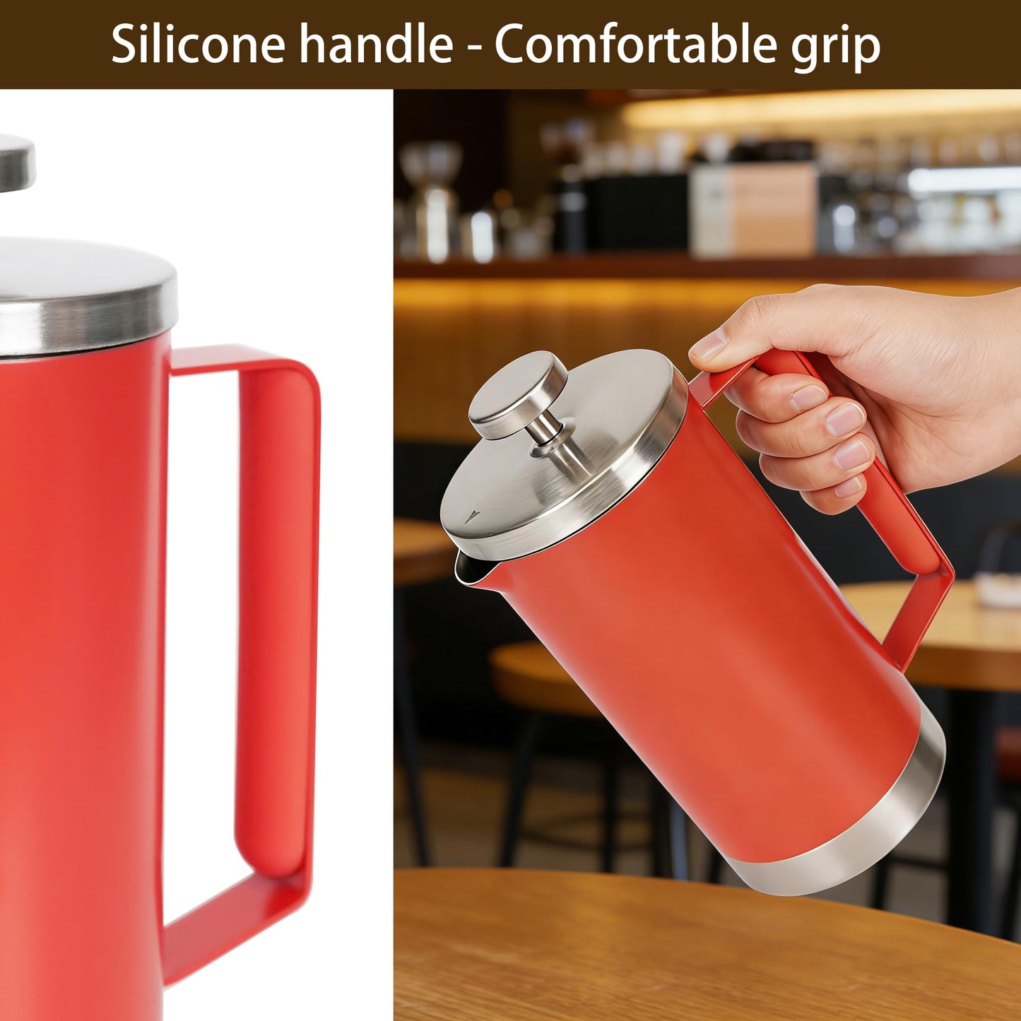 Meelio small French Press Coffee Maker 600ml, Double-Wall Insulated French Press Coffee Press Stainless Steel for travel camping, Silicone handle (2-4cup, 20 OZ) silver