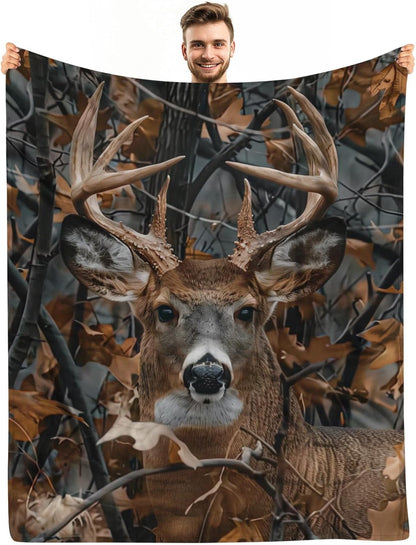 Camo,80"x60" KOYI Camo Gifts for Men, Camo Buck Blanket, Realistic Camo Leaves with Deer Blanket, Deer Gifts for Men