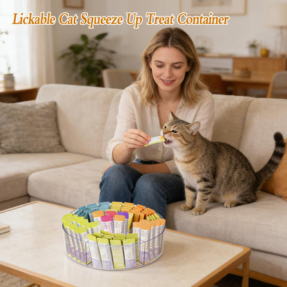 HFYZZ Rotating Lickable Cat Treats Organizer with 6 Compartments, Clear Lazy Susan Acrylic Squeeze Up Cat Food Storage Container Divided Pet Treats Box for Kitchen Cabinet Pantry Shelf Countertop