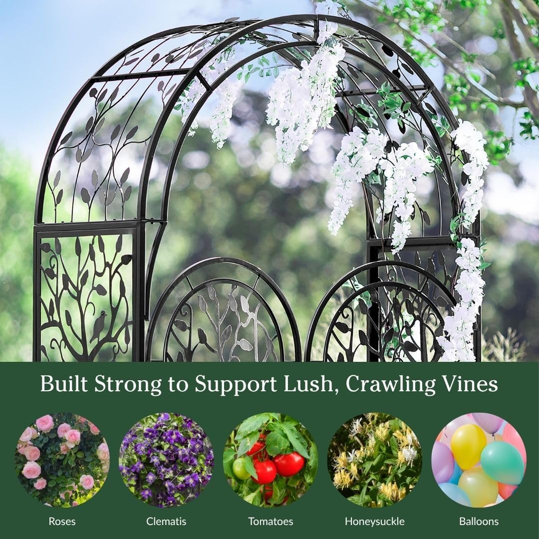 Plow & Hearth Metal Tree of Life Arched Garden Arbor with Gate | 7 feet Tall Laser-Cut Design | Plant Support for Heavy Vines | Landscape Focal Point | Iron Steel