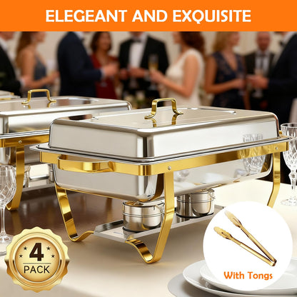 ALSO GO Chafing Dishes for Buffet, Rectangular Chafing Dish Set with 4 Serving Tongs, 9QT 4 Pack Gold Chafing Dishes for Buffet, Party, Gatherings, Banquets, Weddings