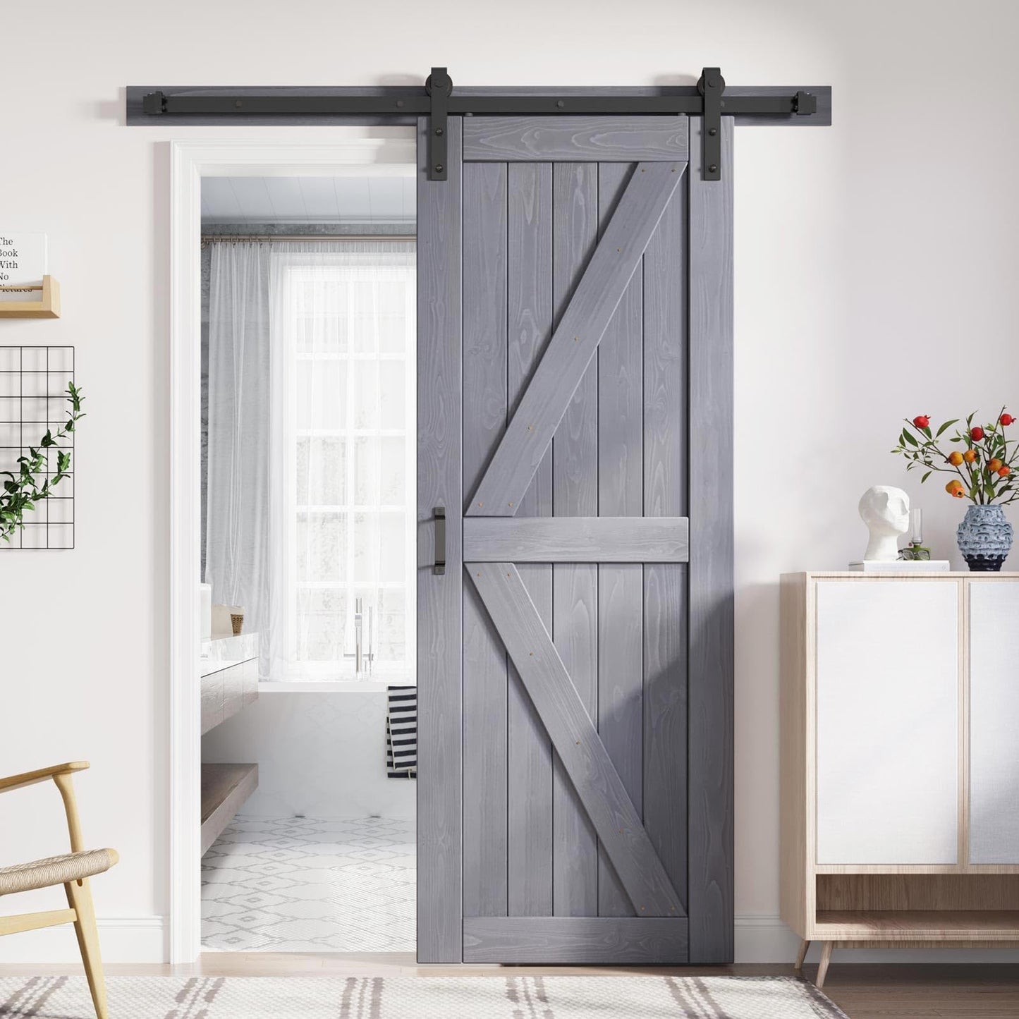 FREDBECK 32in x 84in Gray Wood Barn Door Slab with 5.5ft (66inch) Barn Door Hardware Track Kit Included, Double Surfaces,Simple Assembly is Required,K-Frame,Grey