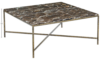 Meridian Furniture 77002Brown-CT Valen Collection Modern | Contemporary Coffee Table with Emperador Marble, Forged Iron Metal Frame, Dark Bronze Finish, 38" W x 38" D x 16" H, Brown/Antique Bronze