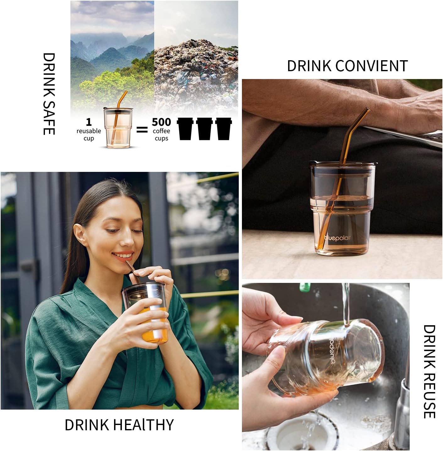 13oz/400ml (Amber-2PACK) BLUEPOLAR Glass Water Tumbler with Straw and Lid Sealed Carry On Thick Wall Iced Coffee Cup