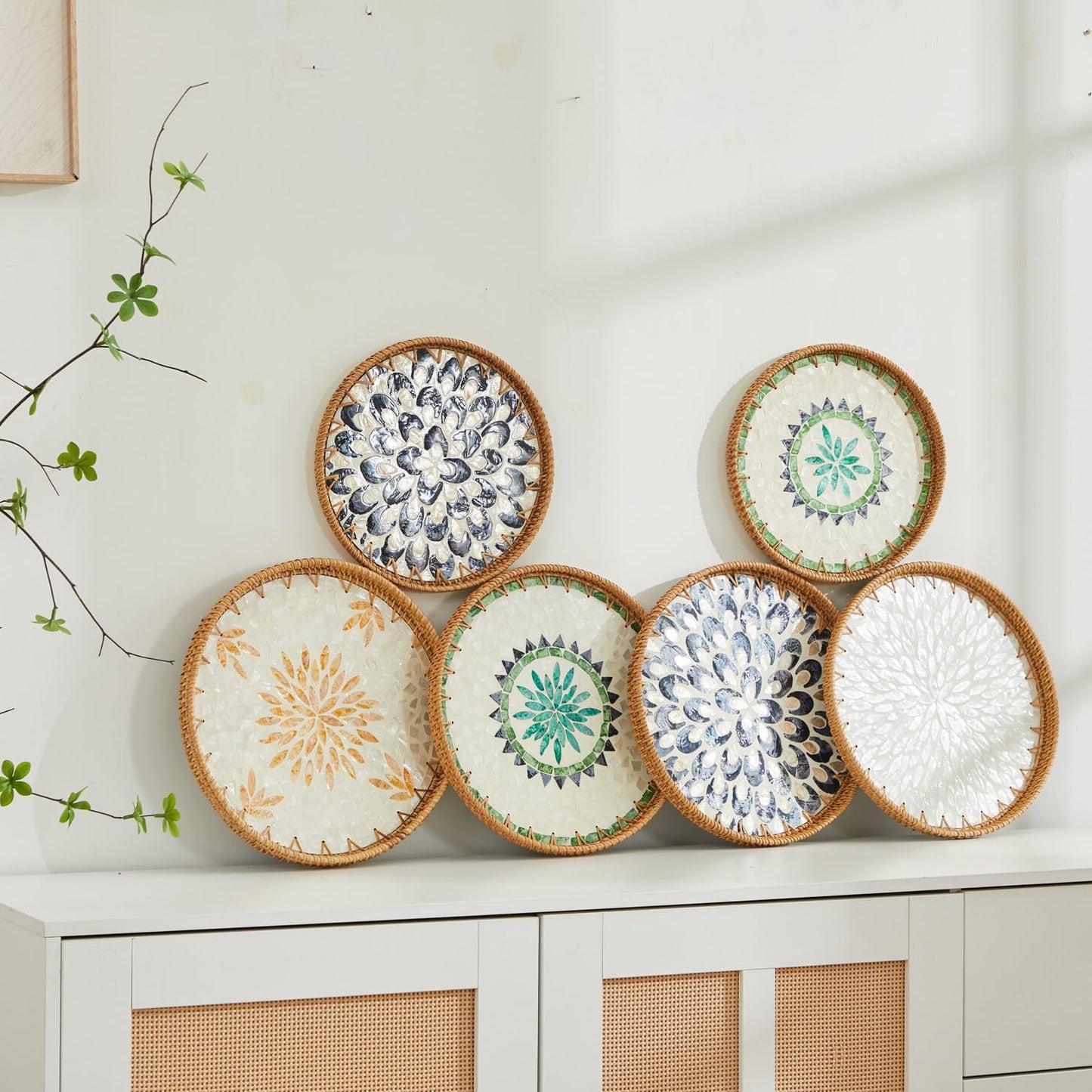 Nonam 100% 12" Shellac Rattan Tray with Mother of Pearl Inlay, Round Decorative Serving Tray for Home Dcor Coffee Table