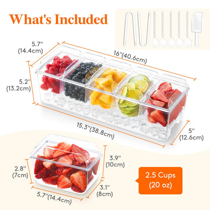 Lifewit Taco Bar Serving Set for Party with 5 x 20 oz Containers & Components, Ice Chilled Condiment Caddy Organizer, Garnish Serving Tray Platter for Mimosa Bar Accessories, Fruit, Salad, Food