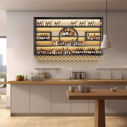 GKBRSU Modern Wall Mounted Wine Rack with LED Light, Large Industrial Metal Wine Bottle Holder with Glass Hanger, Floating Bar Shelves for Home Bar Decor, Black 63x8x51in (Black, 63 in)