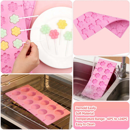 5Pcs Silicone Lollipop Molds Kit, YUX-DTDSU 8 & 12 Holes Hard Candy Molds, Non-Stick Sucker Mold for Making Chocolate, Candy, Cookie, Flower Mold with 100Pcs Lollypop Sticks, Gold Ties, Treat Bags