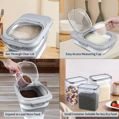 Komzon Rice Storage Container, Collapsible Airtight Food Storage Containers 6-20 Lbs, Rice Dispenser with Measuring Cup and Small Bin for Flour Cereal Pasta Grain, Cat Pet Dog Bird Food Container