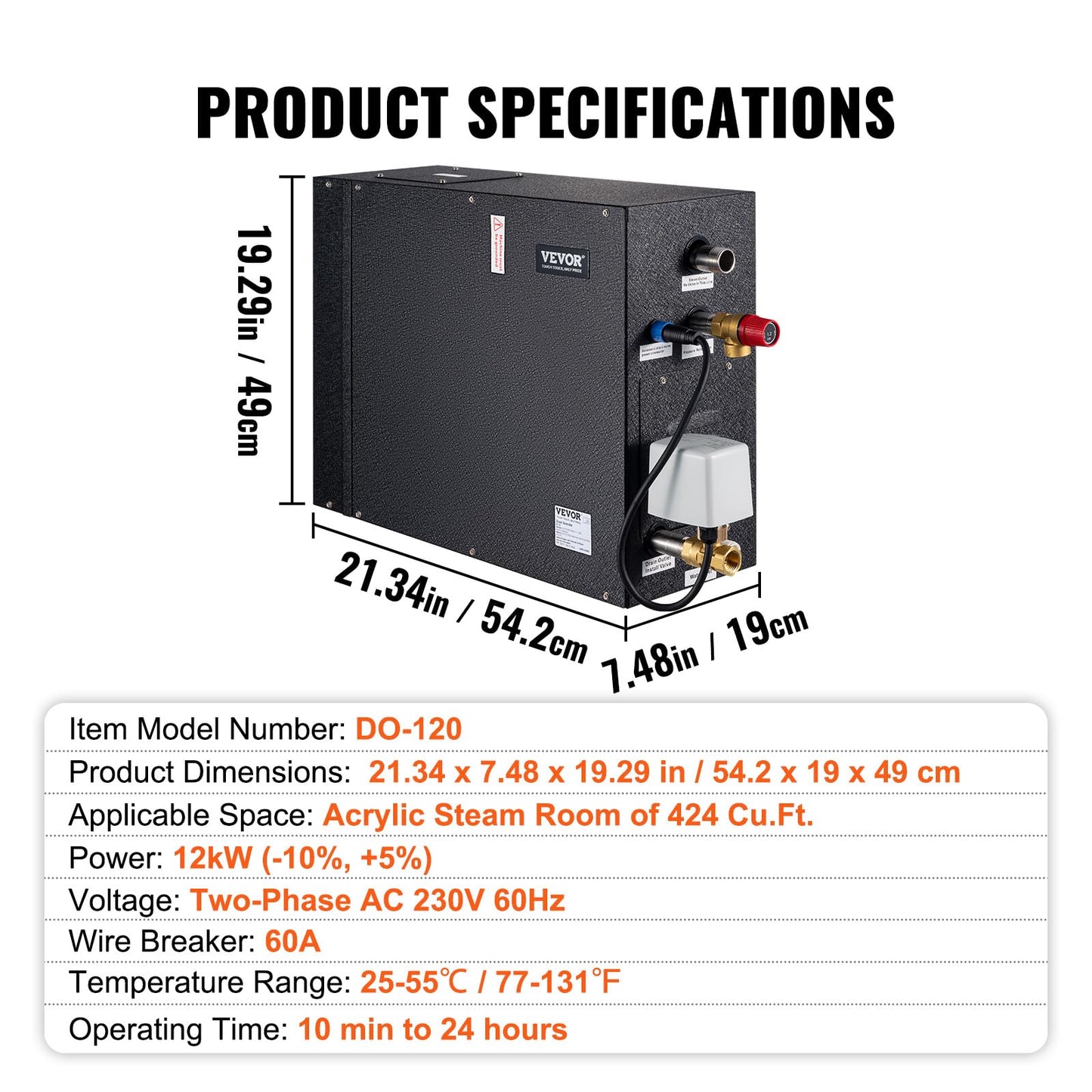 VEVOR Steam Shower Generator, 12 kW, Segmented Heating System with Temperature Customization & 24h Timer, Automatic Drainage Steam Bath Kit for Home Use