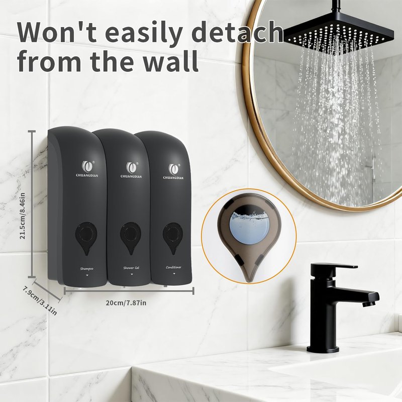 CCITOW Shampoo Conditioner Body Wash Dispenser, Wall-Mounted Bathroom Soap Dispenser Set of 3 (Black), Refillable Shower Soap Shampoo Dispenser for Bathroom,Kitchen,Hotel and Airbnb