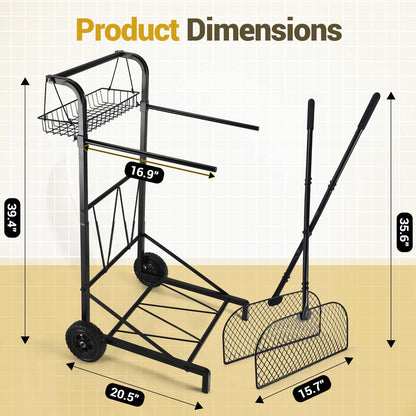 CAROD Mobile Trash Bag Holder with Storage Basket and Ergonomic Handle, Convenient Leaf Bag Cart with Leaves Grabber Rake Combo, Suitable for Leaves, Weeding, Camping, Party