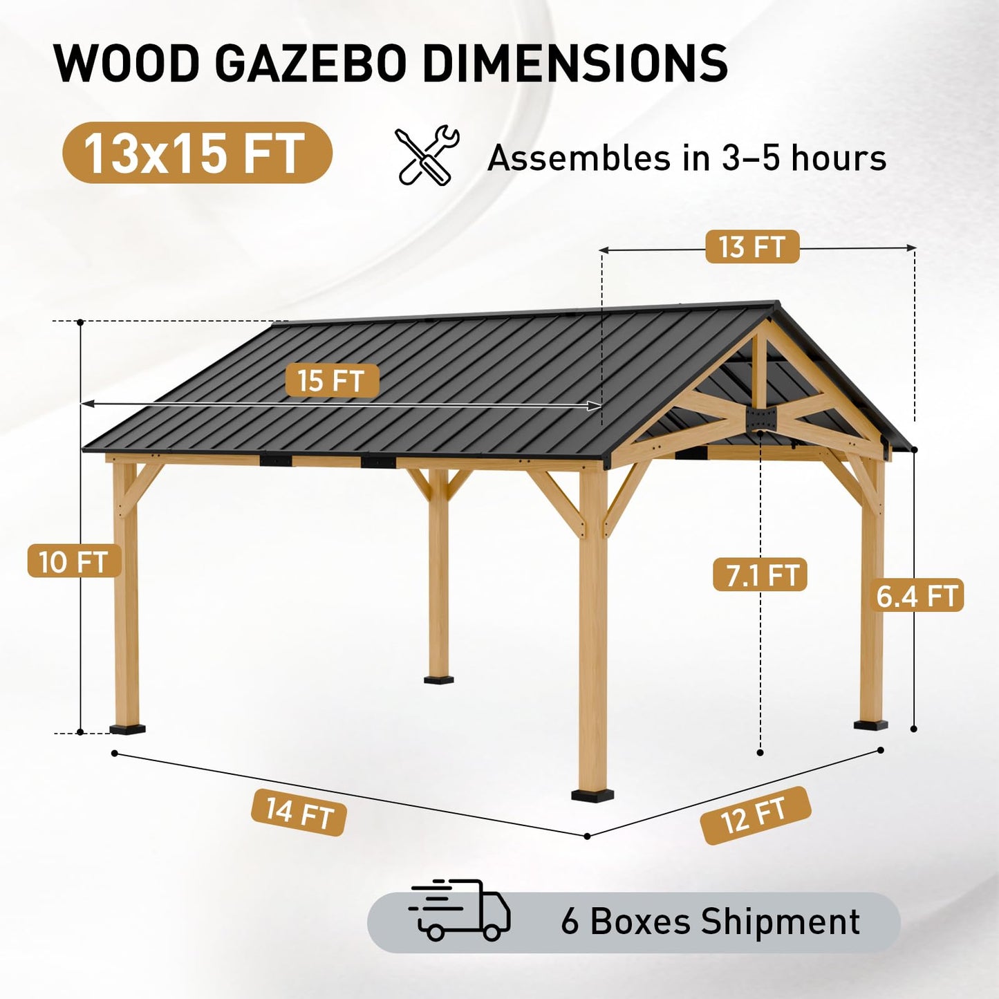 EAGLE PEAK 13x15 Hardtop Gazebo, Exposed Beam Rustic Gazebo, Galvanized Steel Gable Roof with Cedar Wood Frame, Outdoor Pavilion for Patio, Deck, Lawn and Garden Natural Wood/Black