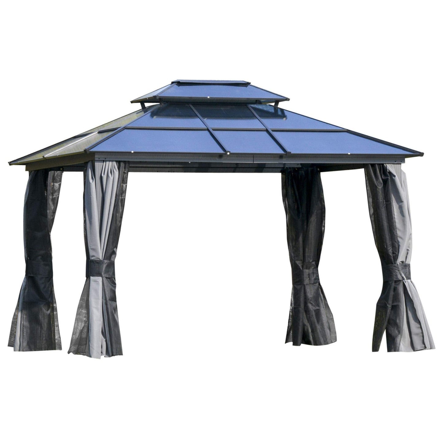 Outsunny 10' x 12' Hardtop Gazebo Canopy with Polycarbonate Roof, Aluminum Frame, Permanent Pavilion Outdoor Gazebo with Netting, for Patio, Garden, Backyard, Deck, Lawn, Light Gray