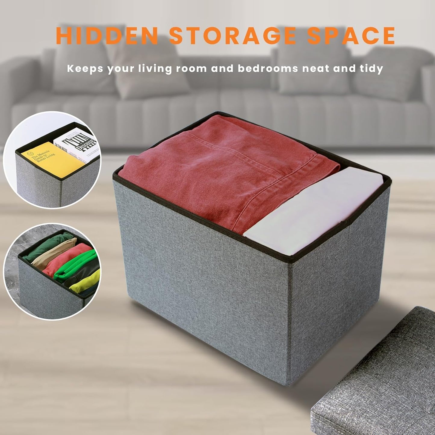 NIENIE 15.7"X11.8"X11.8", Linen Folding Storage Ottoman Coffee Table Small Foot Stool for Living Room, Bedroom, Grey
