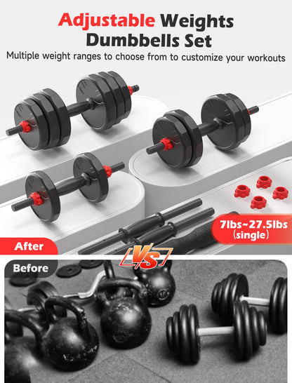 Adjustable Dumbbells, 20/30/40/55/60/70/80/90lbs Free Weights Dumbbells Convertible 2 or 3 in 1 Set Used as Barbell, Kettlebells, A Pair of Lightweight for Home Gym