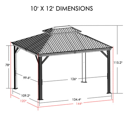 Kozyard Alexander 10' x 12' Hardtop Gazebo, Aluminum Frame with Galvanized Steel Double Roof, Outdoor Permanent Pavilion with Curtains and Netting for Patio, Backyard, Deck, Lawn(Brown)