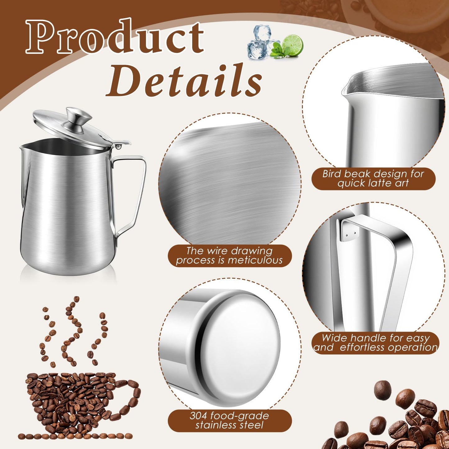 Acellegic 2 Pcs 67 oz/ 2 L Stainless Steel Pitcher with Lid Large Capacity Stainless Steel Metal Water Pitcher with Handle Milk Frothing Jug for Coffee Iced/Hot Tea Latte Art Homemade Beverages