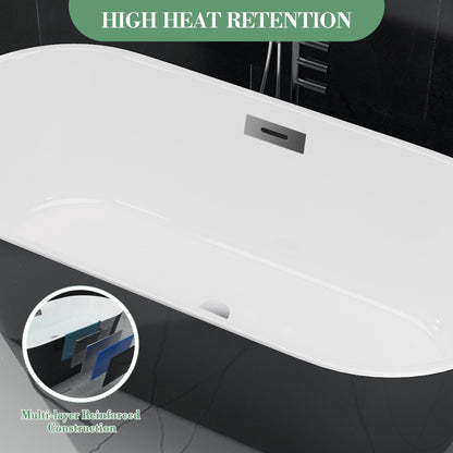 59 Inch Freestanding Bathtub, Acrylic, Deep Soaking Tub with Non-Slip Base, Modern Black Free Standing Tub for Bathrooms, cUPC Certified with Chrome Drain