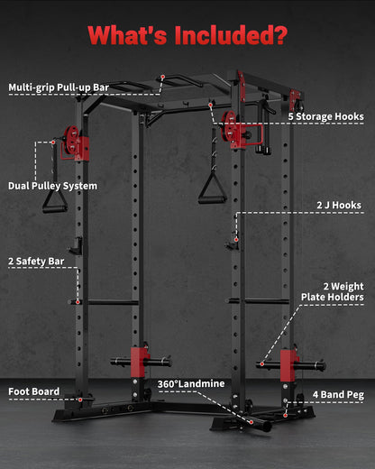 Garvee Power Cage, Multi-Functional Power Racks for Home Gym with Dual Pulley Systems, 1200 LBS Weight Capacity Fitness Squat Rack for Strength Workout with More Training Attachment, Red