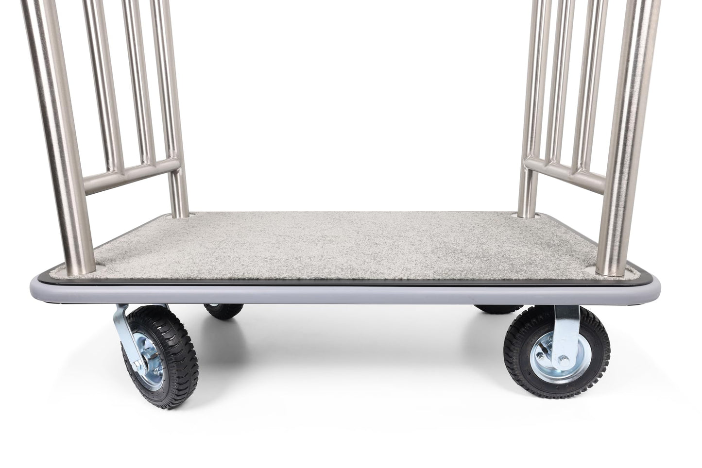 Wholesale Hotel Products Brushed Stainless Steel Luggage Cart –1000lb Capacity–Bellman Cart w/Grey Bumper Guard, Plush Carpet, 2” Welded Steel Frame & 8" Wheels, for 5-Star Hotels (Grand Lux Series)