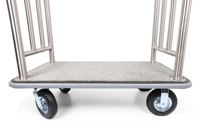 Wholesale Hotel Products Brushed Stainless Steel Luggage Cart –1000lb Capacity–Bellman Cart w/Grey Bumper Guard, Plush Carpet, 2” Welded Steel Frame & 8" Wheels, for 5-Star Hotels (Grand Lux Series)