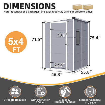 MELLCOM 5 x 4 FT Outdoor Storage Tool Shed with Windows and Lockable Door, Resin Outdoor Storage Shed with Floor, Resin Garden Shed for Garbage Can, Lawnmower, Bike