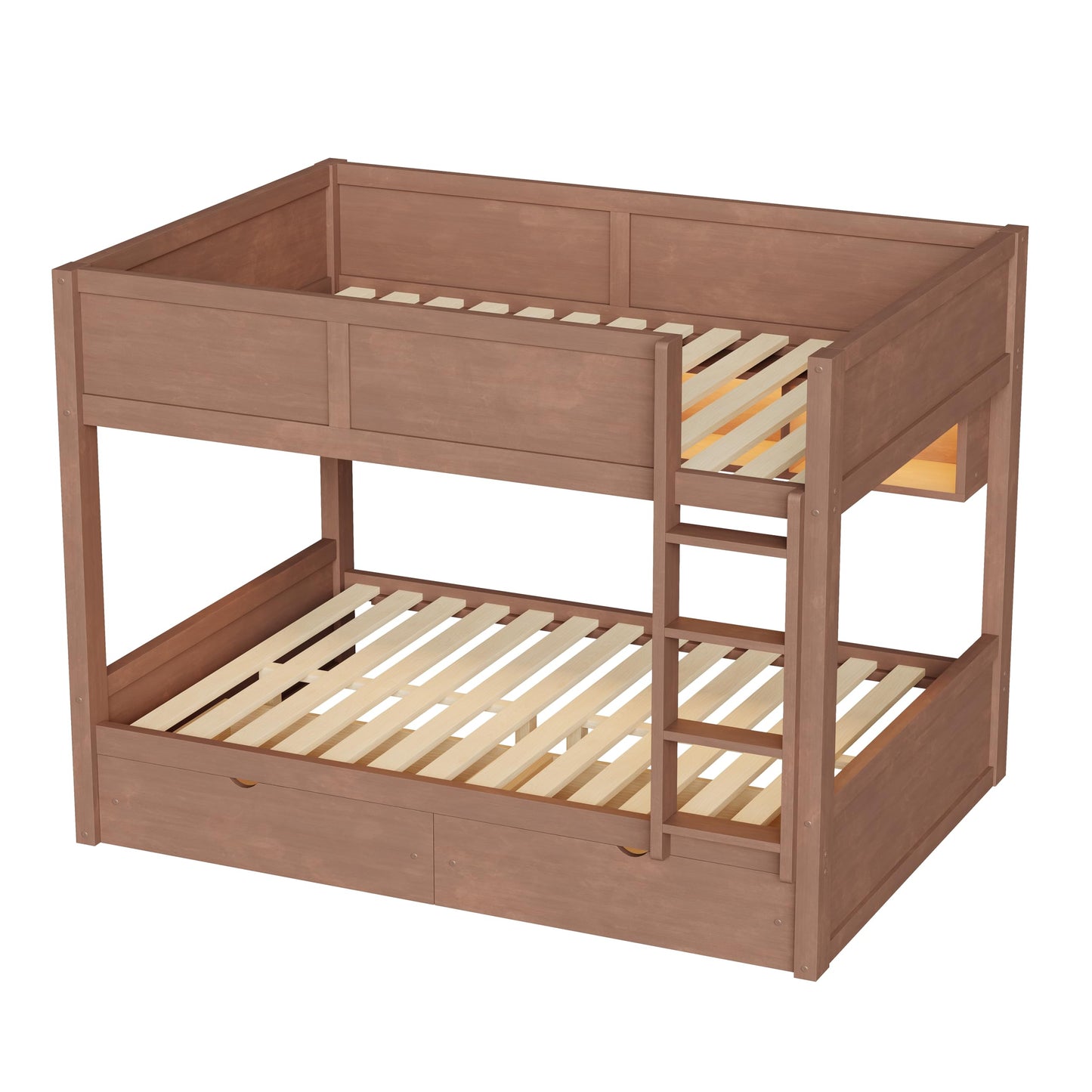 Merax Full XL Over Full XL Wood Bunk Bed Frame with Ladder,Storage Shelves & Drawers for Teens, Modern Low Bunk Bed with Solid Slats, Guardrail, No Box Spring Required, Easy Assembly, Brown