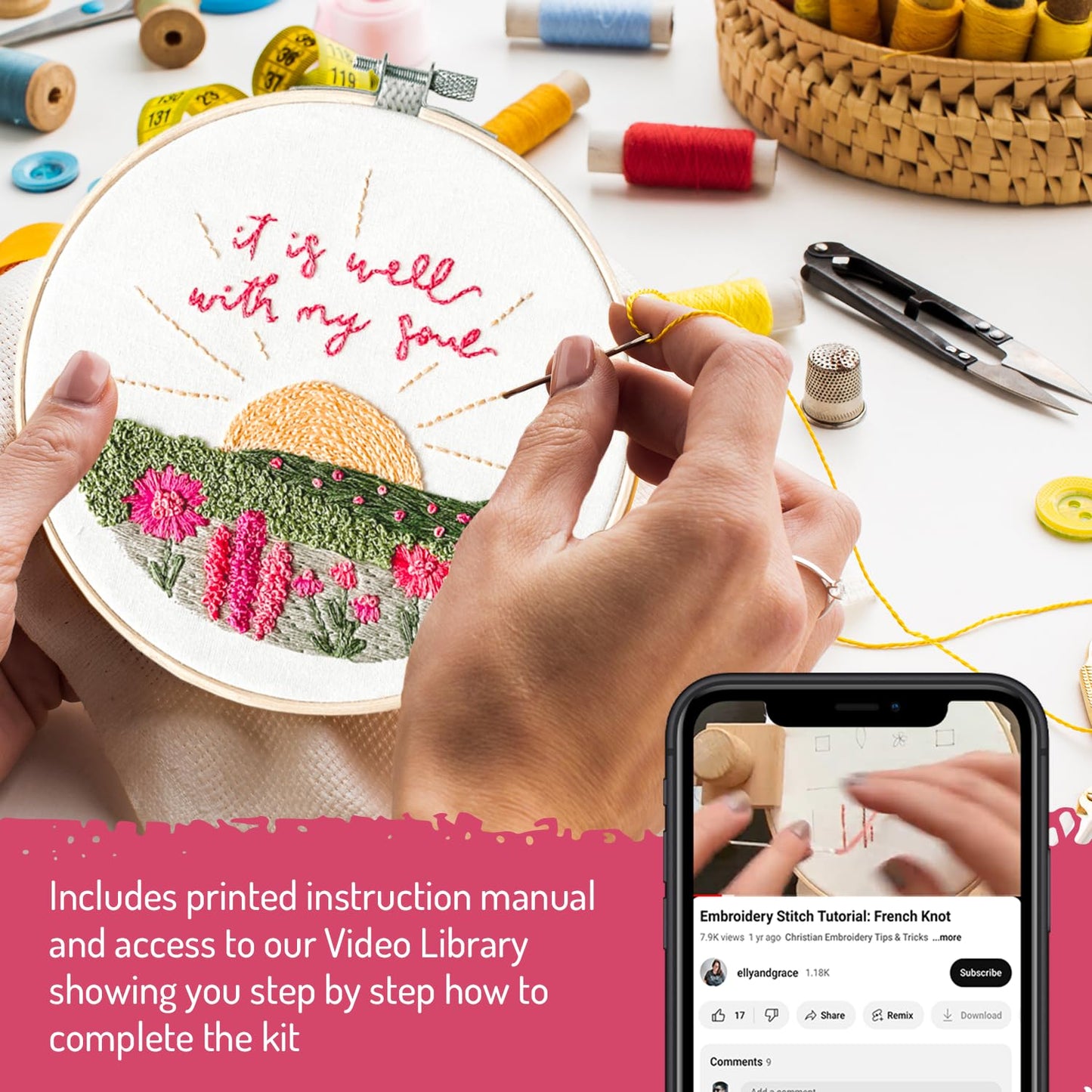 Elly & Grace Christian Embroidery Kit with Embroidery Hoop, Easy Embroidery Kit for Beginners and Adults, Full Embroidery Hoop Kit with Needles and Thread Included (It is Well)