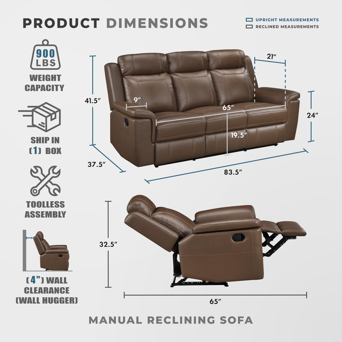 Lexicon Top Grain Leather Match Manual Reclining Sofa, Wall Hugger Reclining Sofa, Overstuffed Armrest, for Living Room/Theater Seating/Apartment, Easy Assembly, Camel