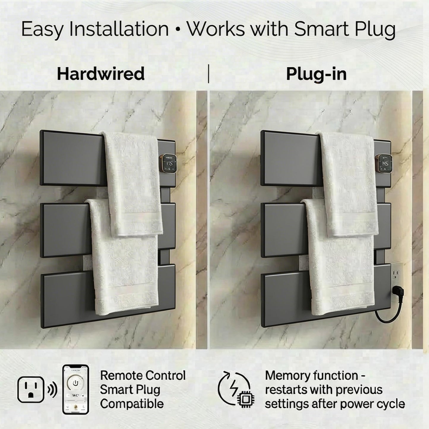 HSTRUKT Electric Towel Warmer, Heated Towel Rack with Thermo Control and Timer, Fast Heating Towel Rail for Bathroom with Memroy Function, Work with Smart Plug, Right-Wiring, 3 Panel, Gun Gray
