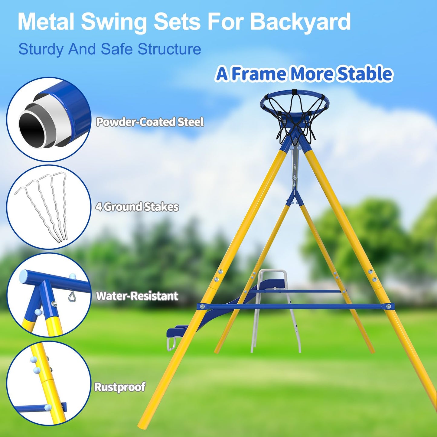 JYGOPLA Metal Swing Sets for Backyard, 5-in-1 Kids Swing Set Slide Combo with Saucer Swings, Baby Safety Swing & Basketball Hoop for Ages 3-12