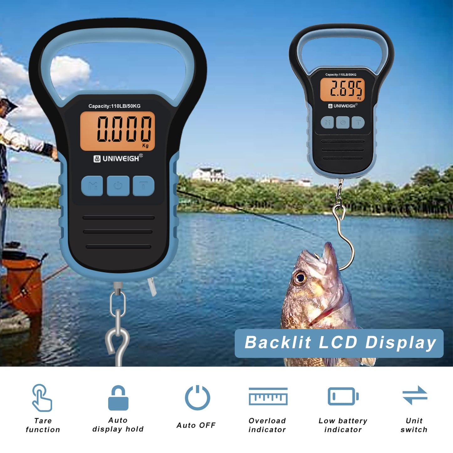 UNIWEIGH Waterproof Fishing Scale with Lip Gripper,110lb/50kg Postal Hanging Luggage Scale with Hook, Digital Handing Scale with 60inch Tape Measure,Luggage Hook, Backlit LCD Display