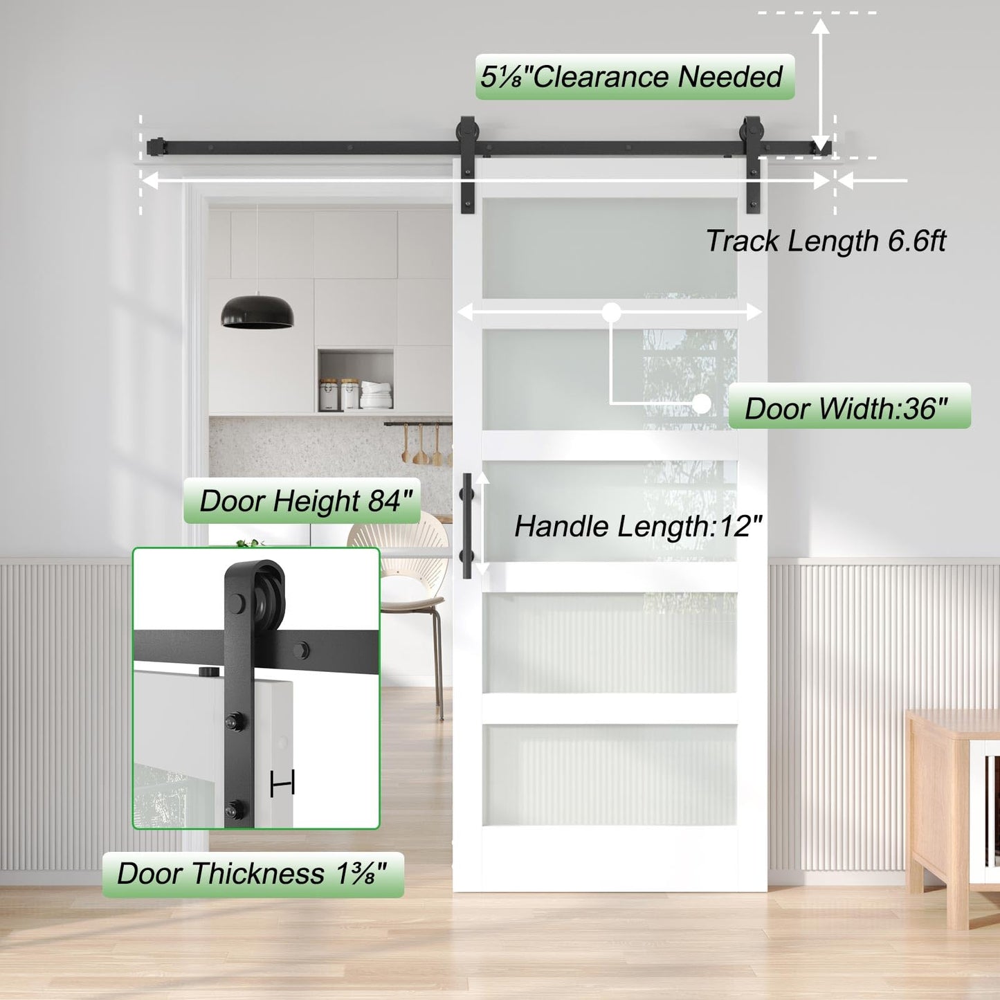 Fredbeck 36in x 84in White Glass Barn Door with 6.6FT 79inch Sliding Doors Hardware Kit Included & Handle,PVC Surface,Need to Assembly,Water-Proof