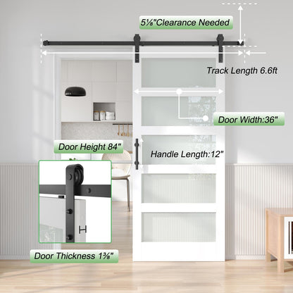 Fredbeck 36in x 84in White Glass Barn Door with 6.6FT 79inch Sliding Doors Hardware Kit Included & Handle,PVC Surface,Need to Assembly,Water-Proof