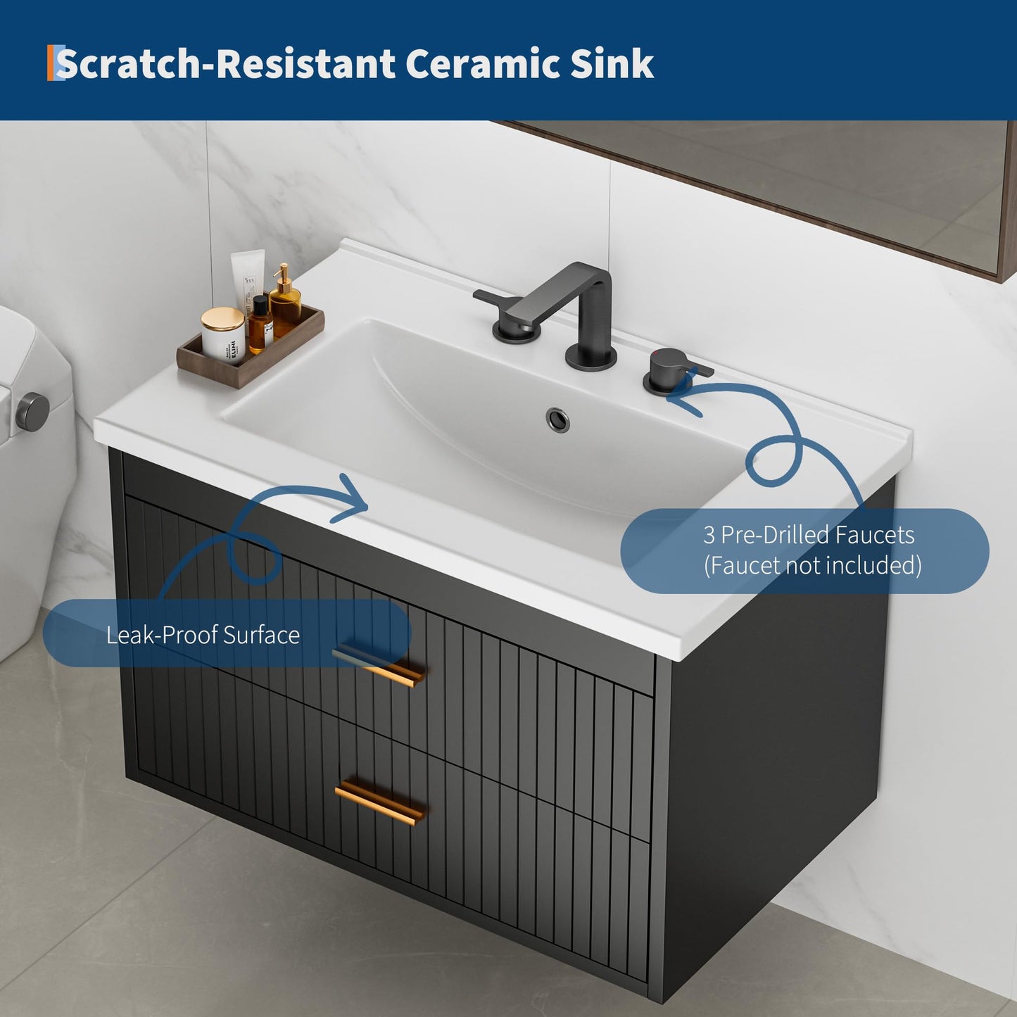 IDEALHOUSE 30 Inch Floating Fluted Bathroom Vanity with Ceramic Sink, Wall Mounted Modern Vanity Cabinet with 2 Soft-Close Drawers & Gold Handles, Easy to Assemble Black