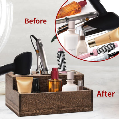Rustic Wooden Hair Dryer Holder - Hair Tools Organizer with 3 Circular Holes and 1 Compartment for Bathroom Vanity